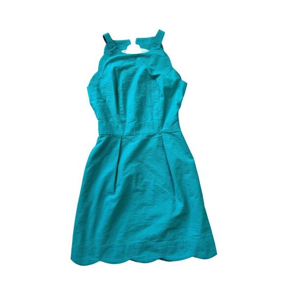 Lauren James Seersucker teal/Lagoon dress, size XS, scalloped hem, halter top - Picture 1 of 9